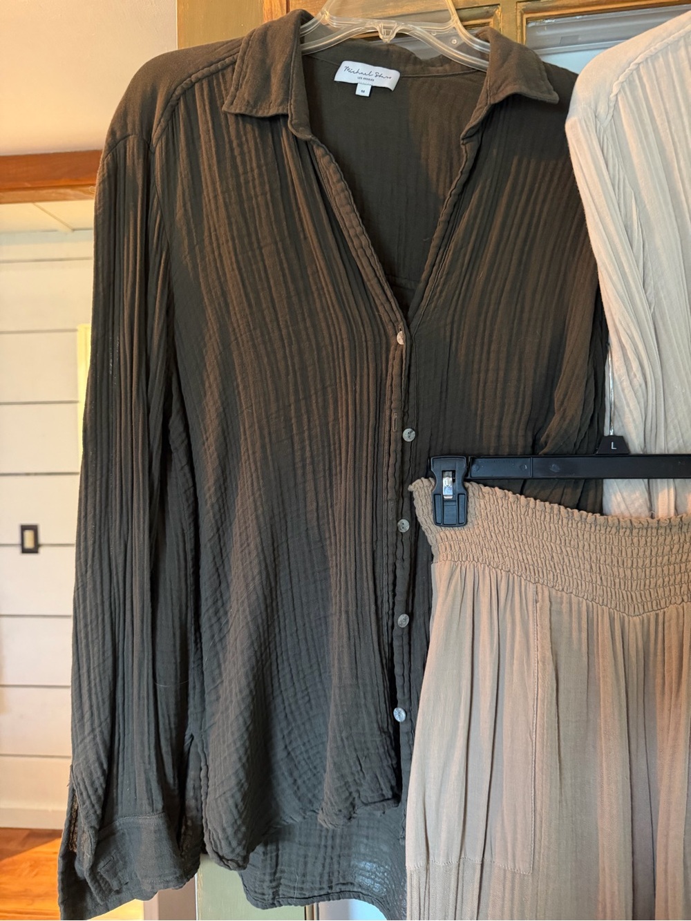 Michael Stars Olive Button-Down Crinkled Shirt